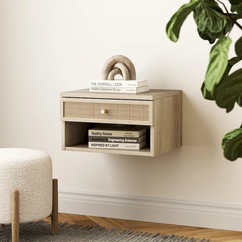 Modern Floating Bedroom Nightstand with Storage Drawer and Open Shelf Cubby