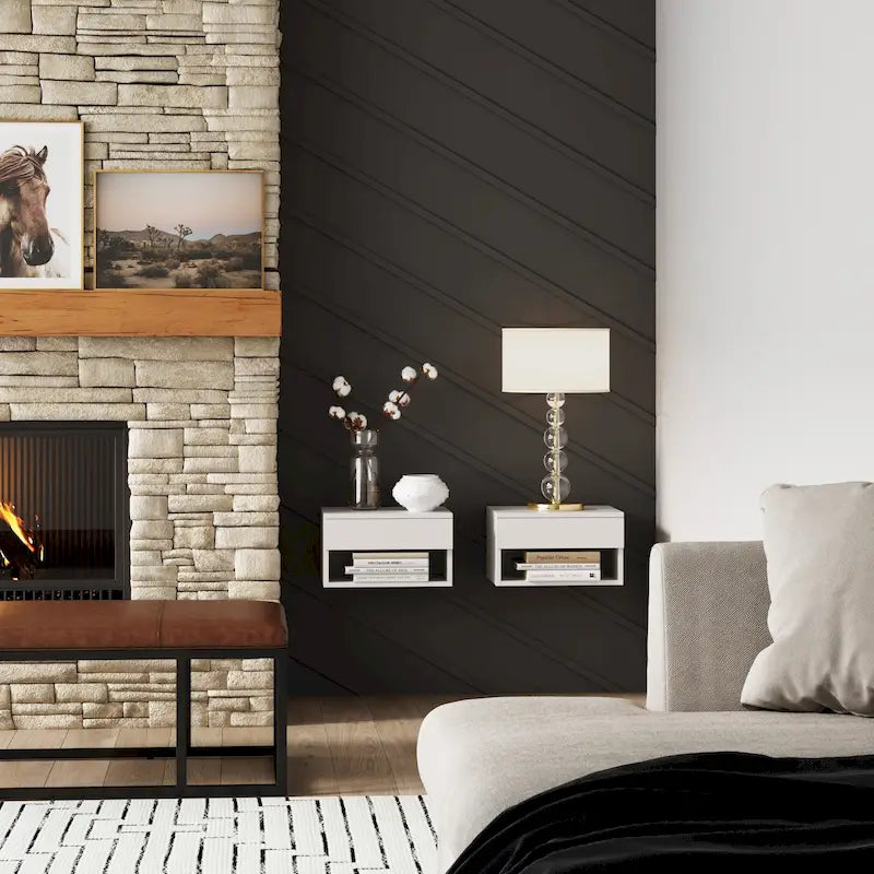 Modern Floating Bedroom Nightstand with Storage Drawer and Open Shelf Cubby