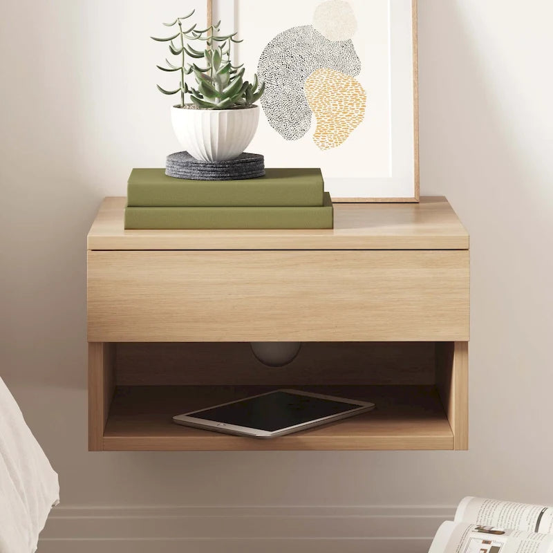 Modern Floating Bedroom Nightstand with Storage Drawer and Open Shelf Cubby