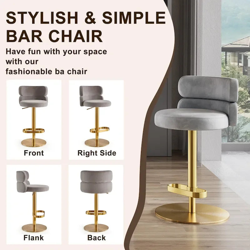 Tabouret de bar en velours réglable en hauteur et pivotant