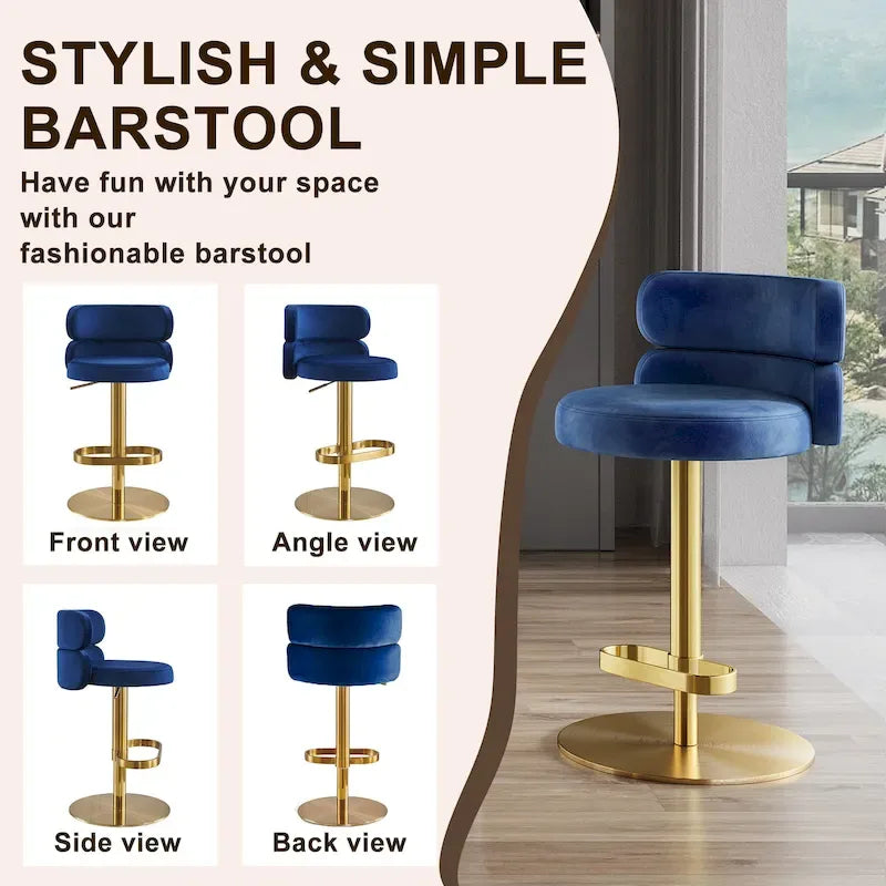 Tabouret de bar en velours réglable en hauteur et pivotant