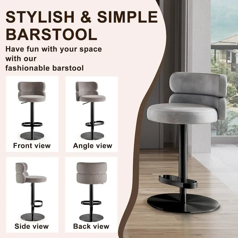 Tabouret de bar en velours réglable en hauteur et pivotant