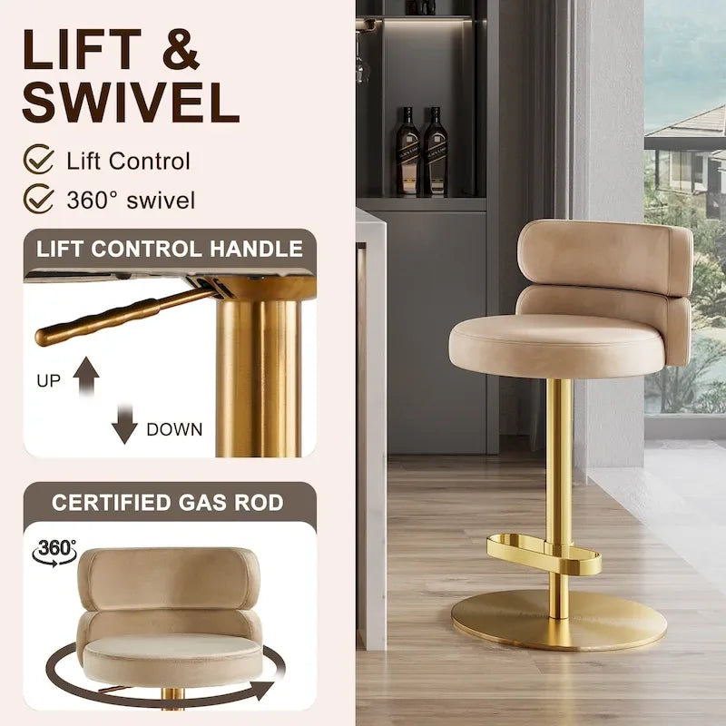 Velvet Counter Bar Stool with Height Adjustable and Swivel