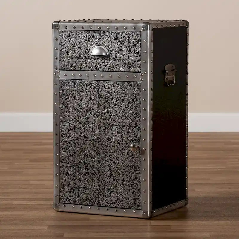 Vintage Industrial Silver Metal Floral Accent Cabinet