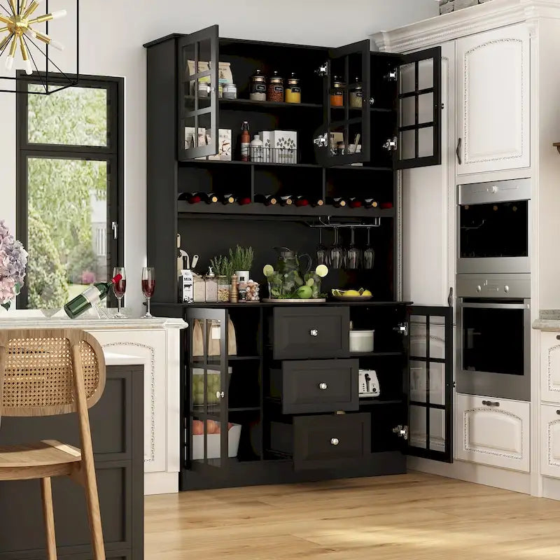 79Pantry Storage Cabinet Glass Doors Sideboard Buffet Cabinet Lacquer