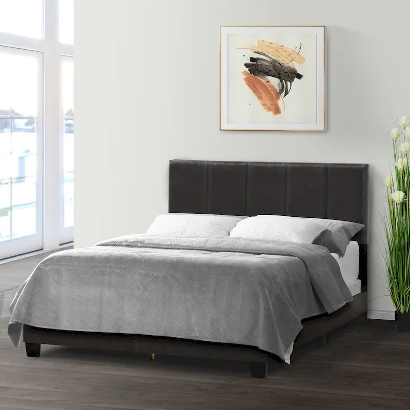 Black Brown Faux Leather Bed with Line Stitch Tufting