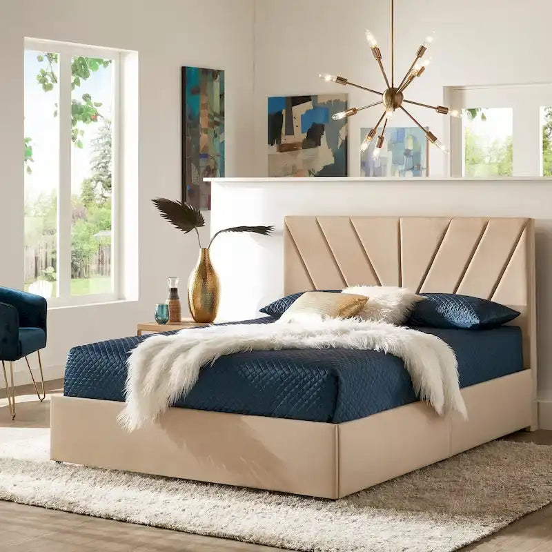 V-Channel Headboard Storage Platform Bed with 4 Drawers