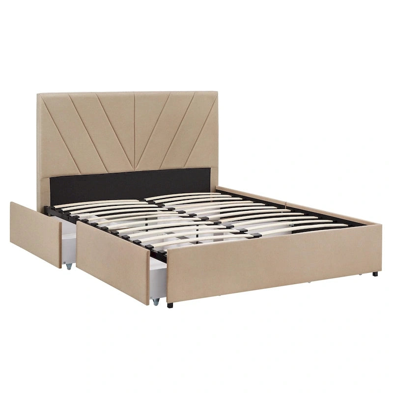 V-Channel Headboard Storage Platform Bed with 4 Drawers