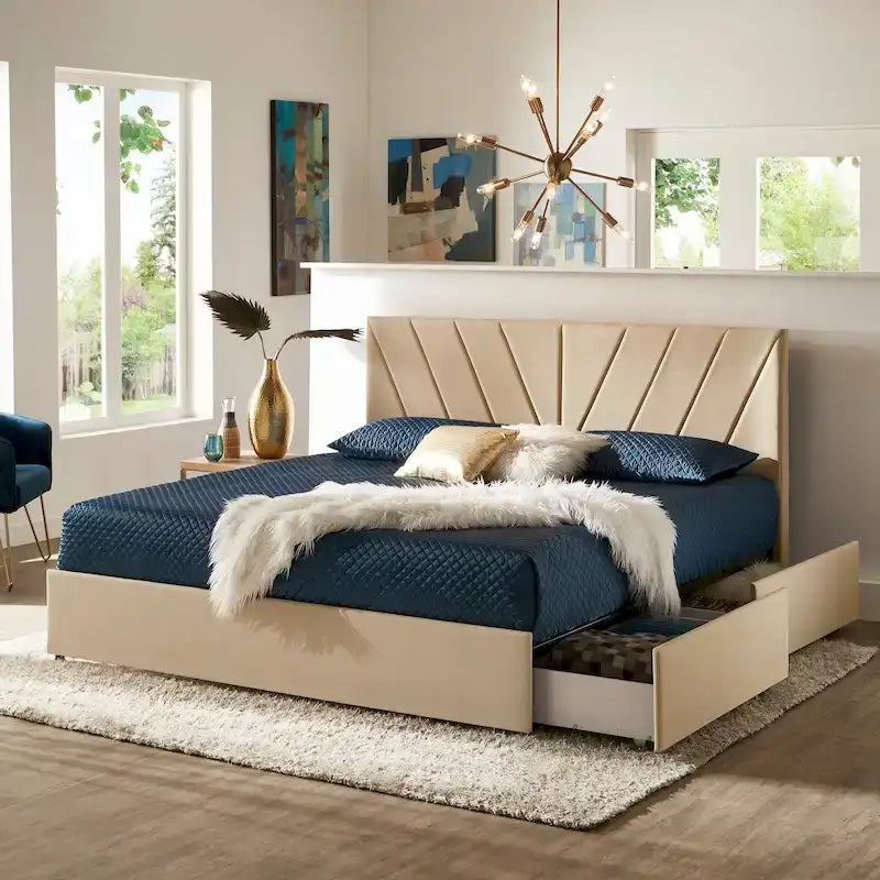 V-Channel Headboard Storage Platform Bed with 4 Drawers