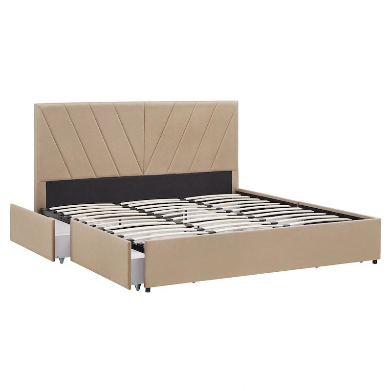 V-Channel Headboard Storage Platform Bed with 4 Drawers