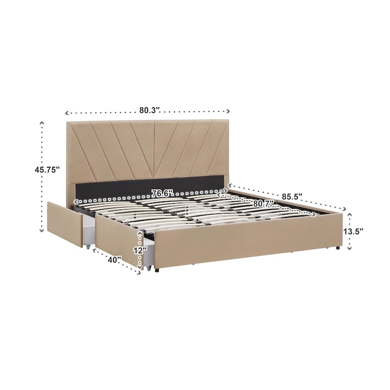 V-Channel Headboard Storage Platform Bed with 4 Drawers