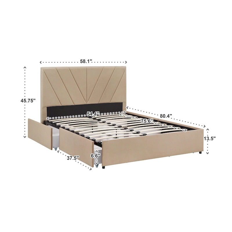 V-Channel Headboard Storage Platform Bed with 4 Drawers