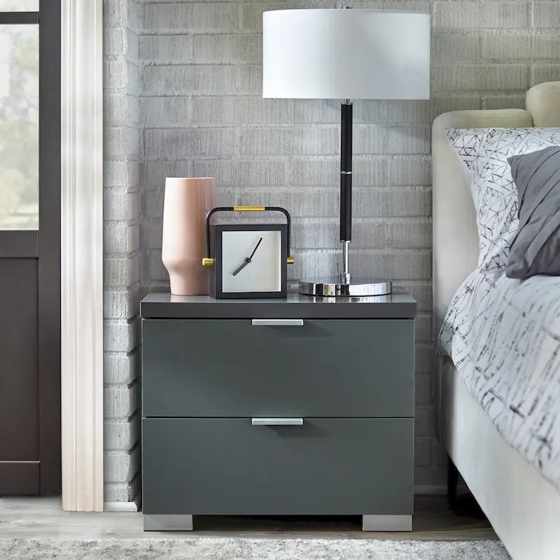 High Gloss Nightstand with 2 Drawers