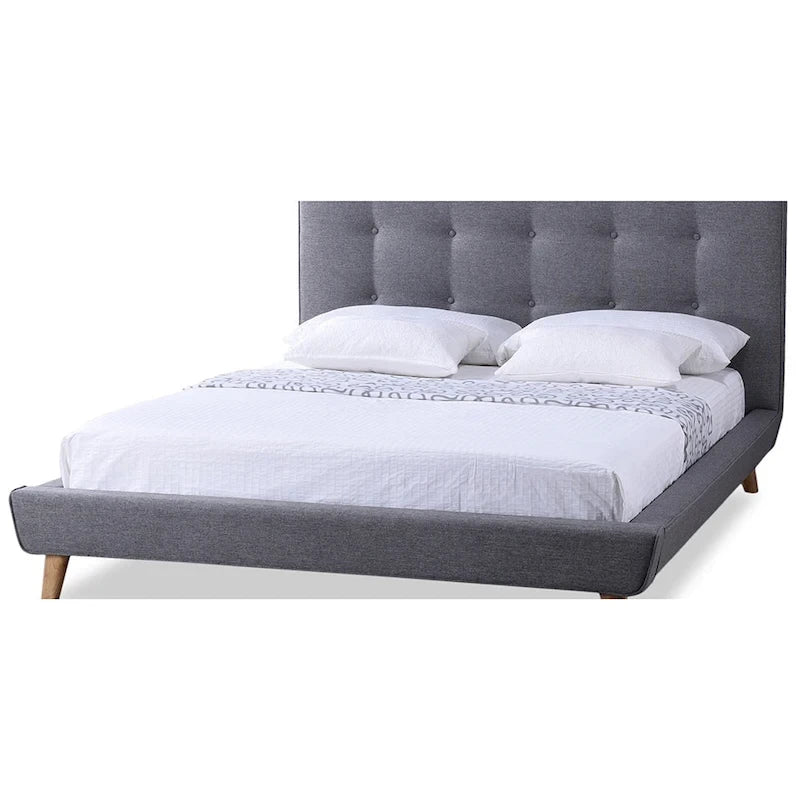 Mid-century Grey Upholstered Platform Bed