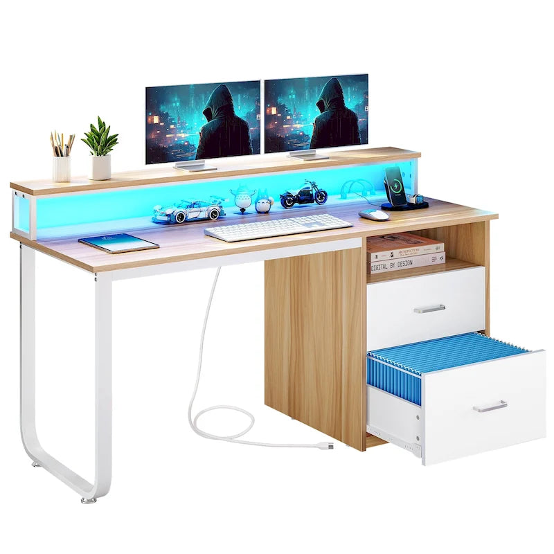 Computer Desk with Monitor Stand, Home Office Gaming Desk with Drawer and Filing Cabinet