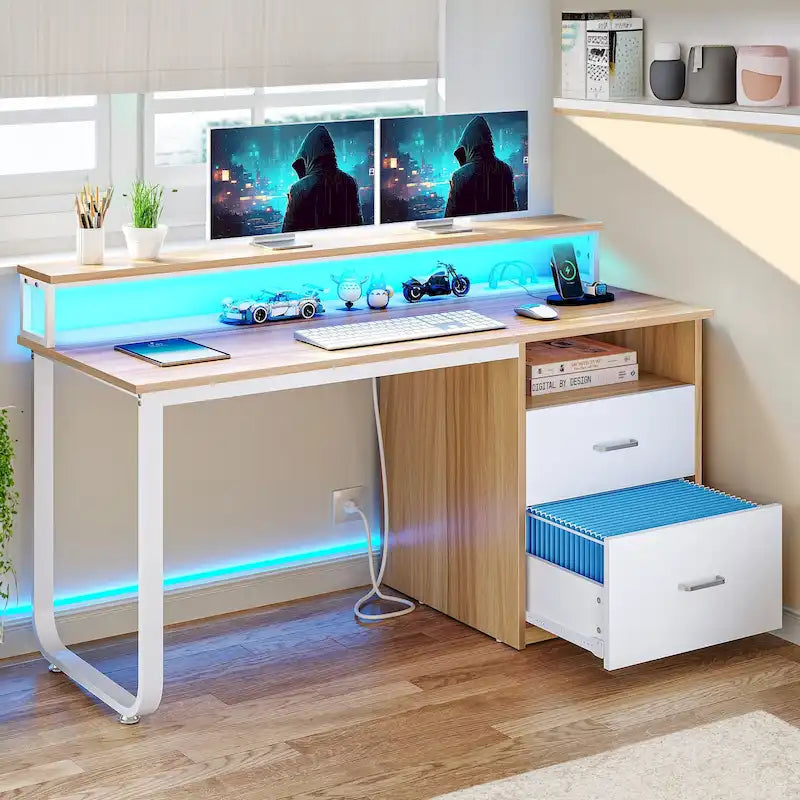 Computer Desk with Monitor Stand, Home Office Gaming Desk with Drawer and Filing Cabinet