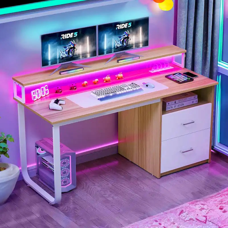 Computer Desk with Monitor Stand, Home Office Gaming Desk with Drawer and Filing Cabinet