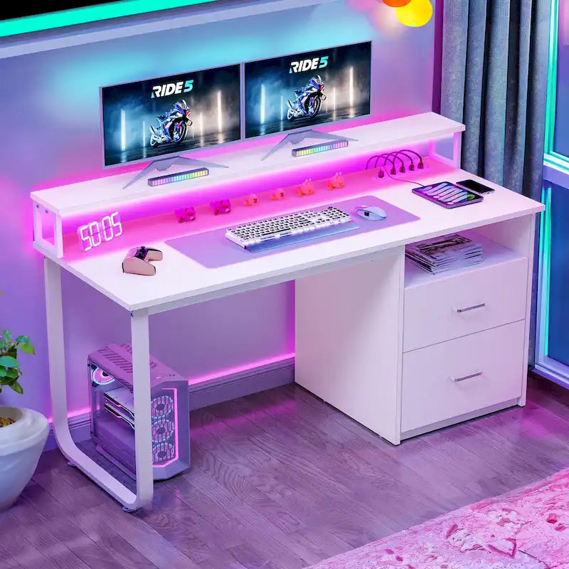 Computer Desk with Monitor Stand, Home Office Gaming Desk with Drawer and Filing Cabinet