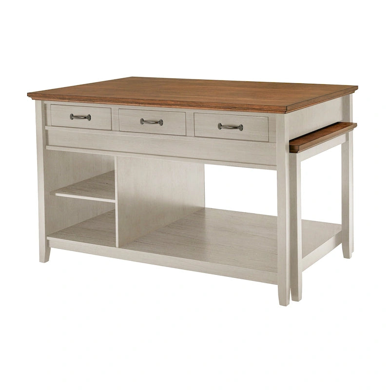 Two-Tone Antique Finish Extendable Kitchen Island with 3 Drawers