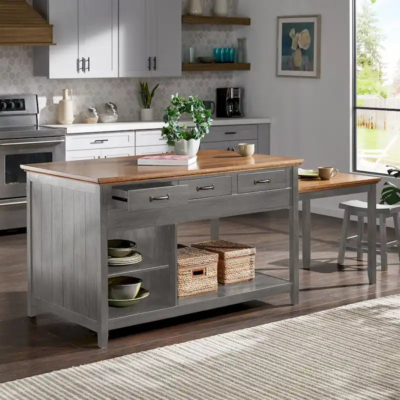 Two-Tone Antique Finish Extendable Kitchen Island with 3 Drawers