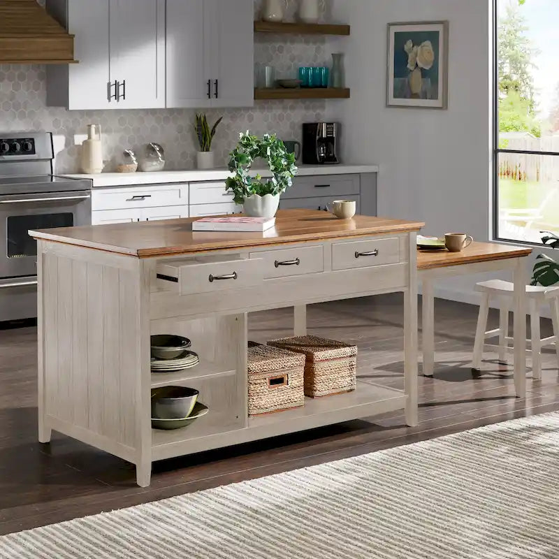 Two-Tone Antique Finish Extendable Kitchen Island with 3 Drawers