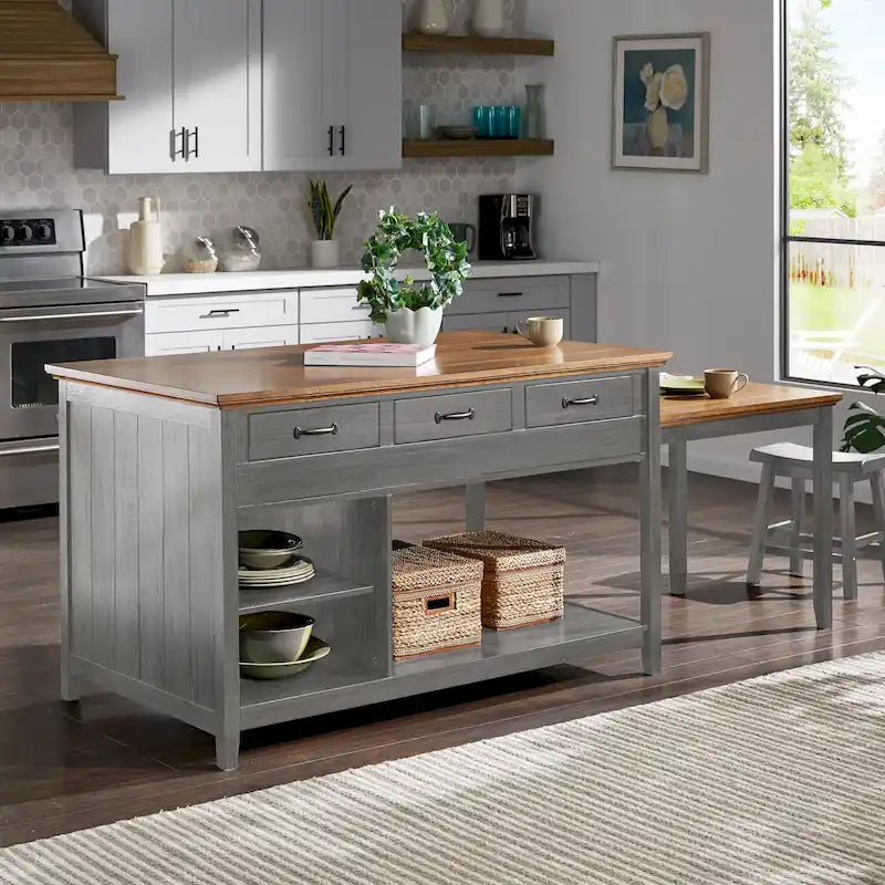 Two-Tone Antique Finish Extendable Kitchen Island with 3 Drawers