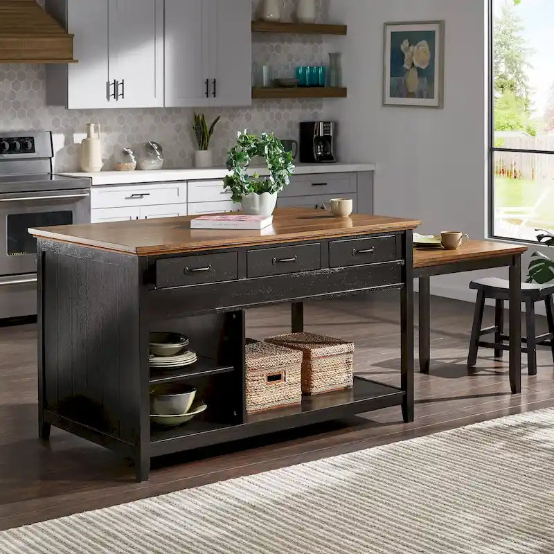 Two-Tone Antique Finish Extendable Kitchen Island with 3 Drawers