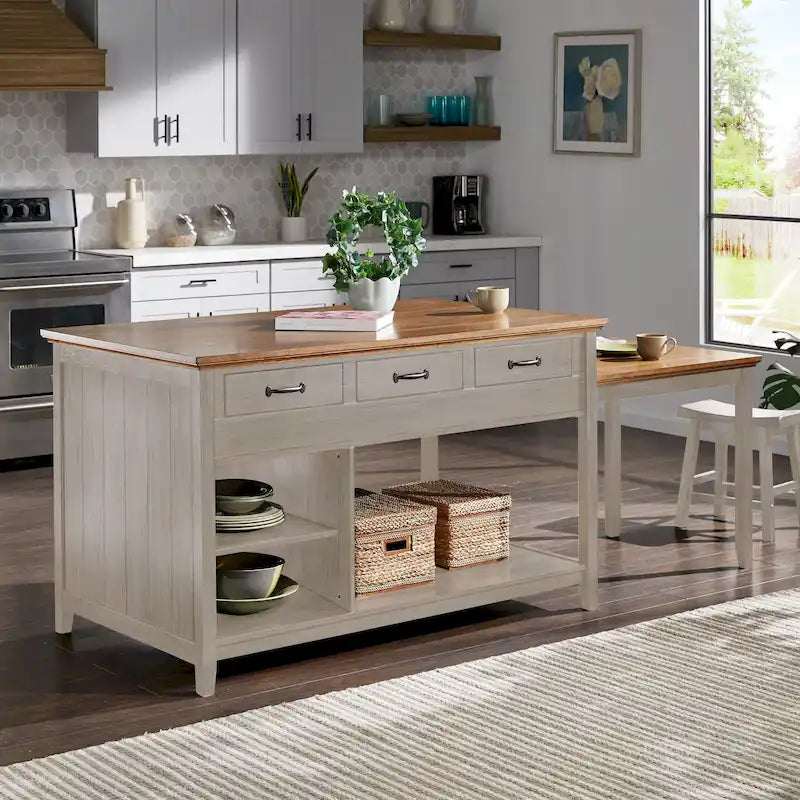Two-Tone Antique Finish Extendable Kitchen Island with 3 Drawers
