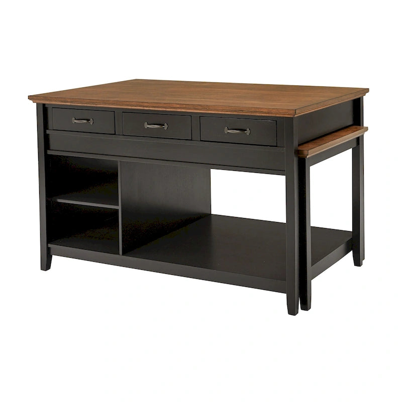 Two-Tone Antique Finish Extendable Kitchen Island with 3 Drawers