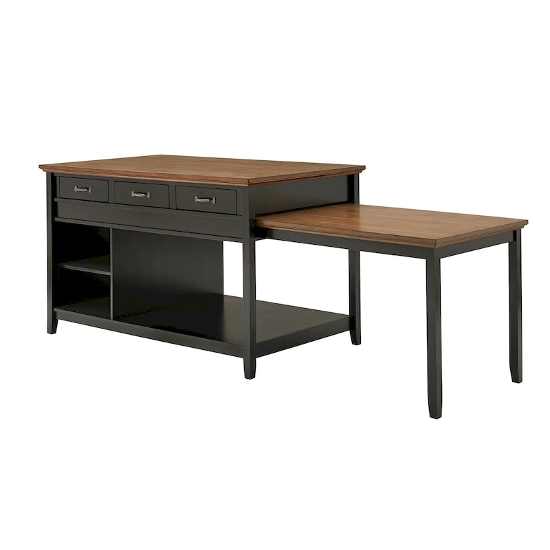 Two-Tone Antique Finish Extendable Kitchen Island with 3 Drawers