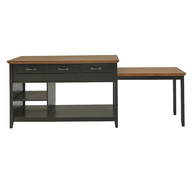 Two-Tone Antique Finish Extendable Kitchen Island with 3 Drawers