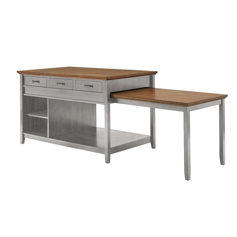 Two-Tone Antique Finish Extendable Kitchen Island with 3 Drawers