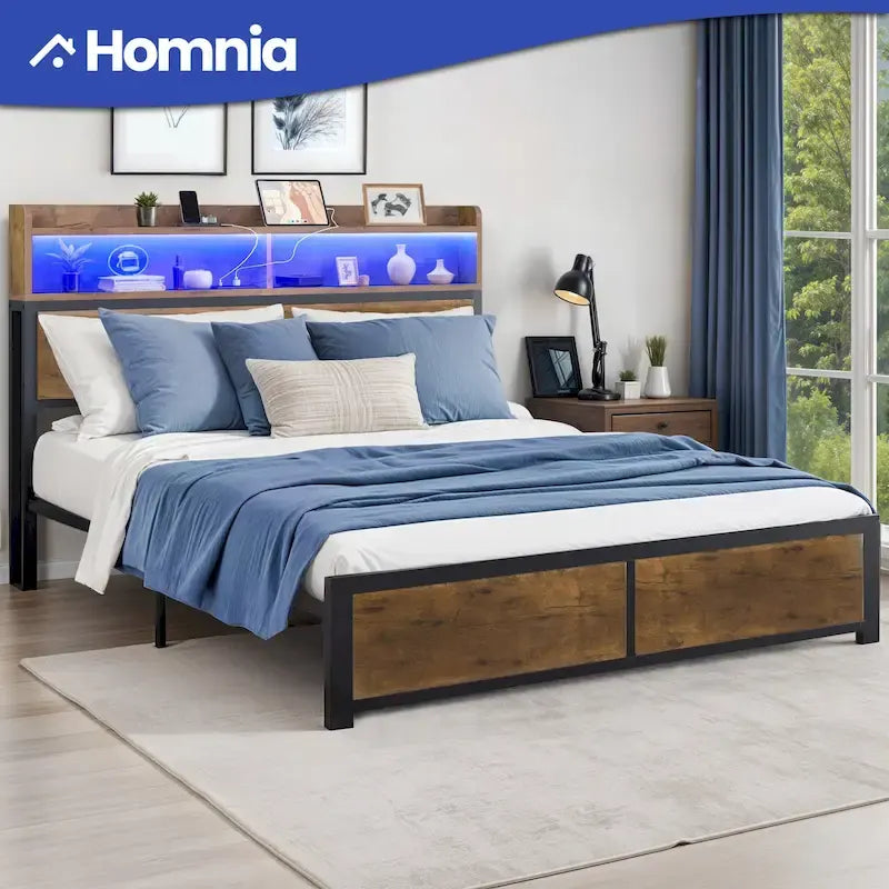 King Industry Bed Frame with Storage Shelves Metal Platform