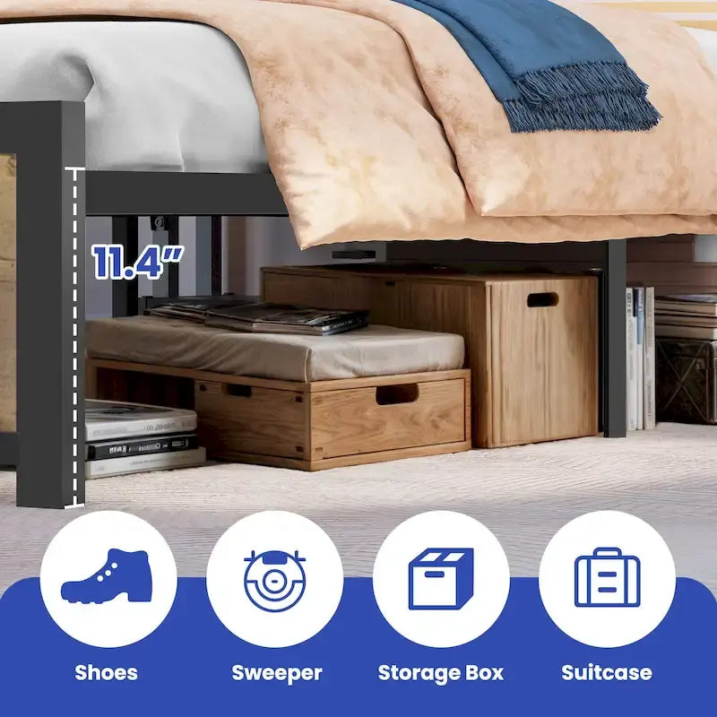 King Industry Bed Frame with Storage Shelves Metal Platform