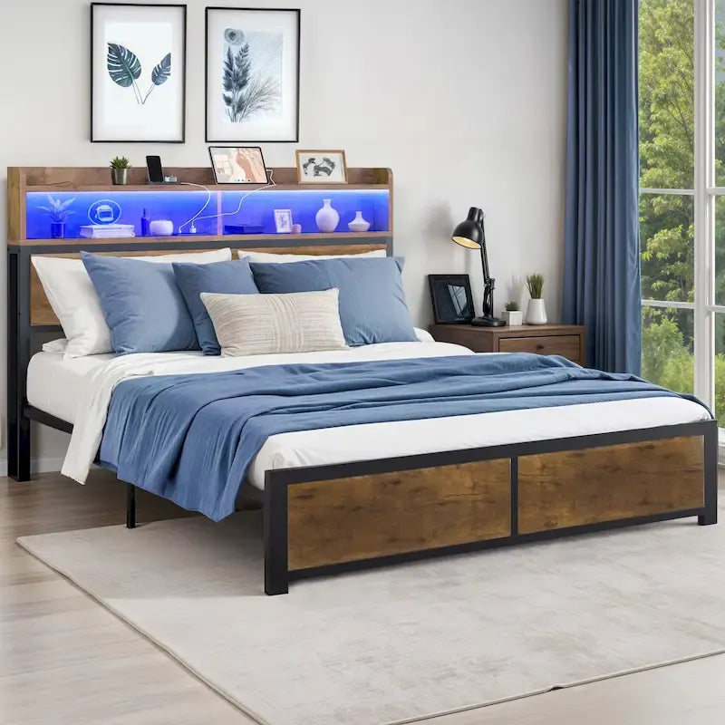 King Industry Bed Frame with Storage Shelves Metal Platform