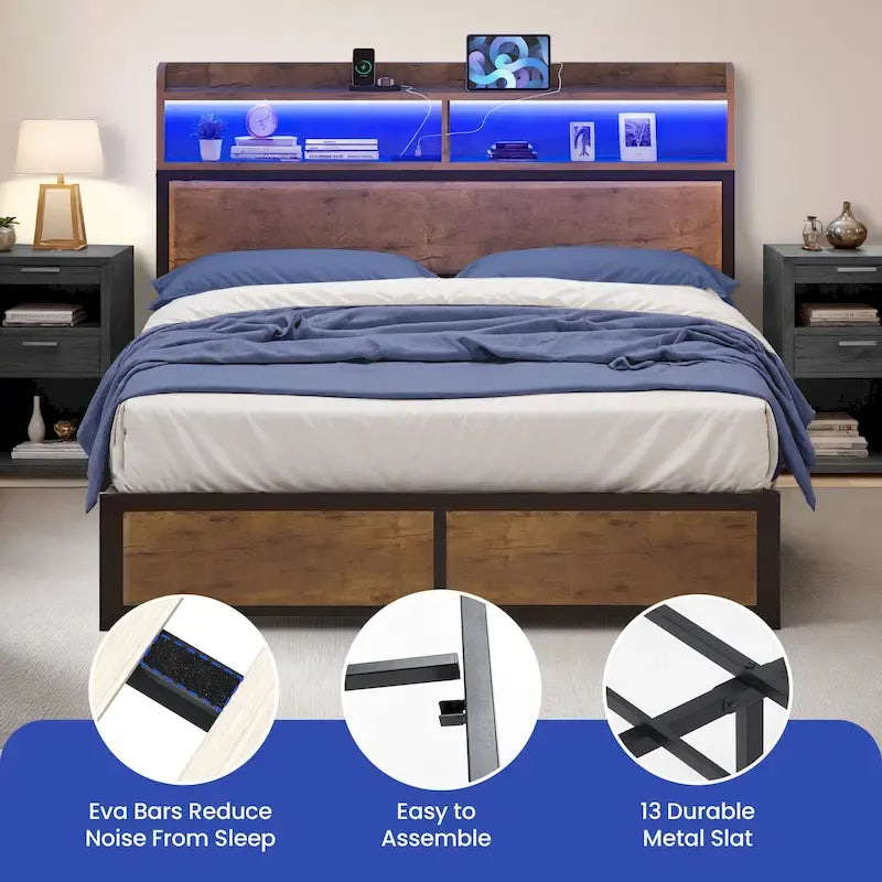 King Industry Bed Frame with Storage Shelves Metal Platform