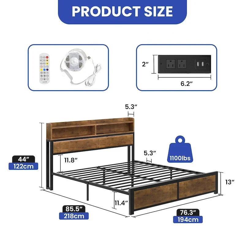 King Industry Bed Frame with Storage Shelves Metal Platform