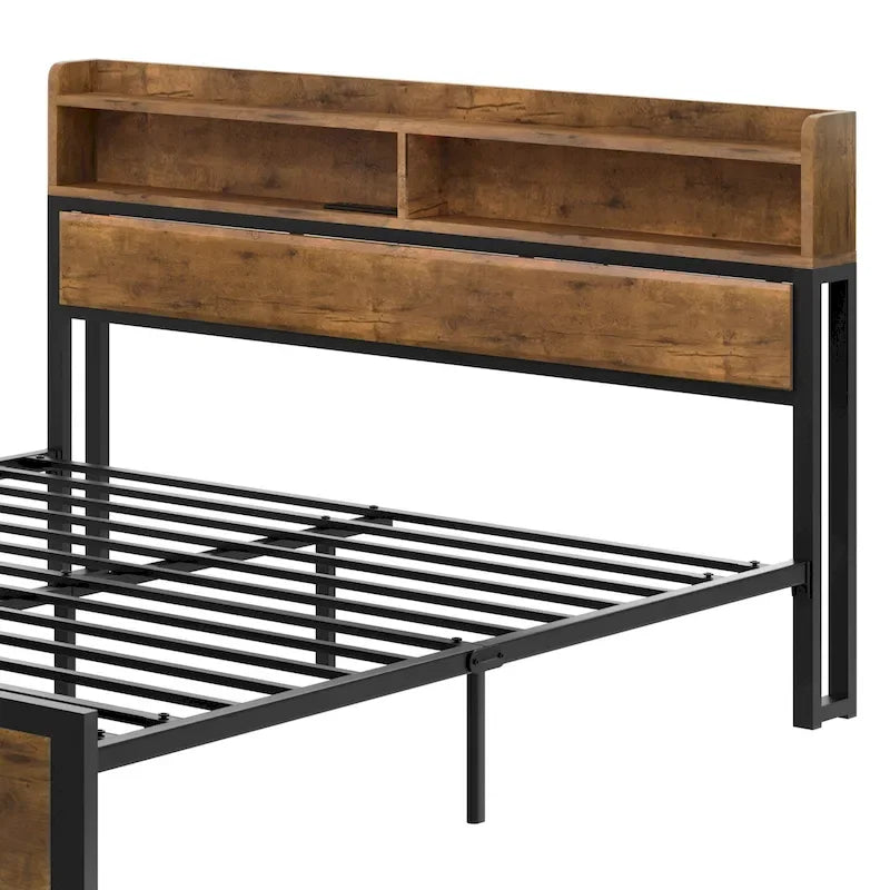 King Industry Bed Frame with Storage Shelves Metal Platform