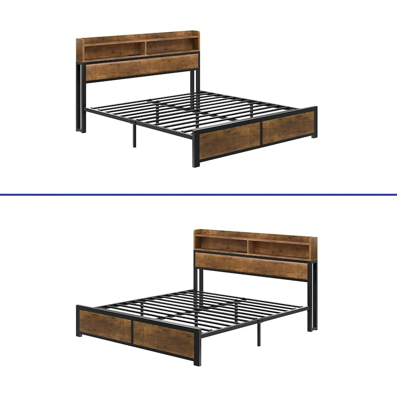 King Industry Bed Frame with Storage Shelves Metal Platform