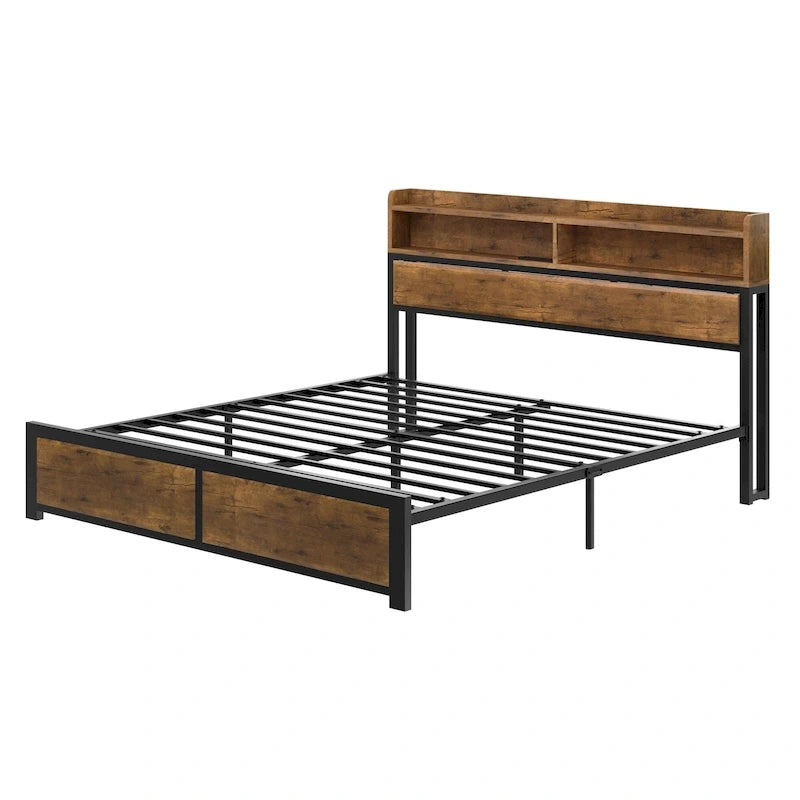 King Industry Bed Frame with Storage Shelves Metal Platform