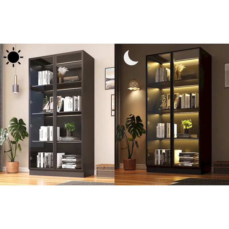Display Storage Cabinet,Display Cabinet with Tempered Glass Doors, Showcase with 4-Tier Storage Shelves