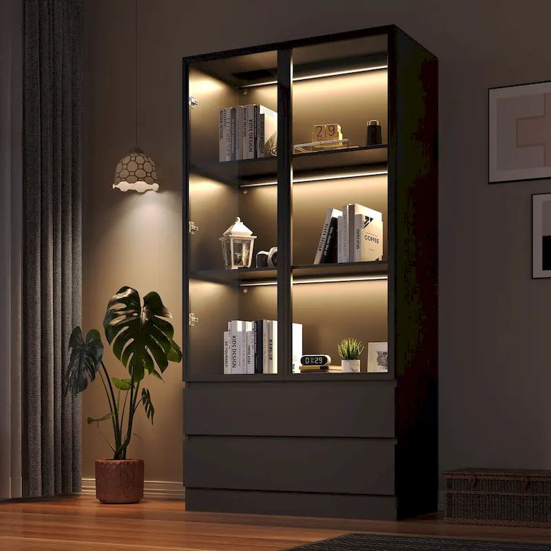 Display Storage Cabinet,Display Cabinet with Tempered Glass Doors, Showcase with 4-Tier Storage Shelves