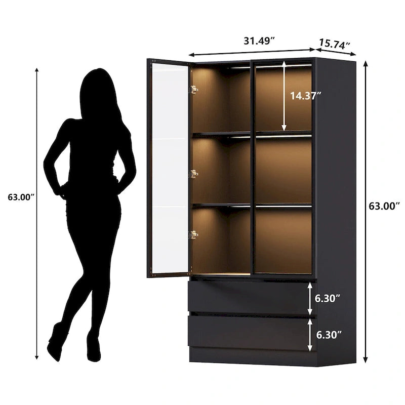 Display Storage Cabinet,Display Cabinet with Tempered Glass Doors, Showcase with 4-Tier Storage Shelves