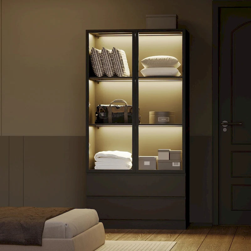 Display Storage Cabinet,Display Cabinet with Tempered Glass Doors, Showcase with 4-Tier Storage Shelves