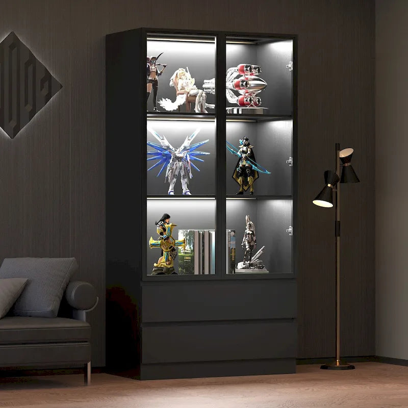 Display Storage Cabinet,Display Cabinet with Tempered Glass Doors, Showcase with 4-Tier Storage Shelves