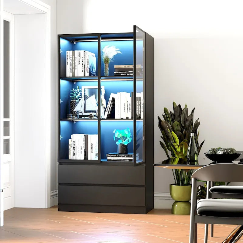 Display Storage Cabinet,Display Cabinet with Tempered Glass Doors, Showcase with 4-Tier Storage Shelves