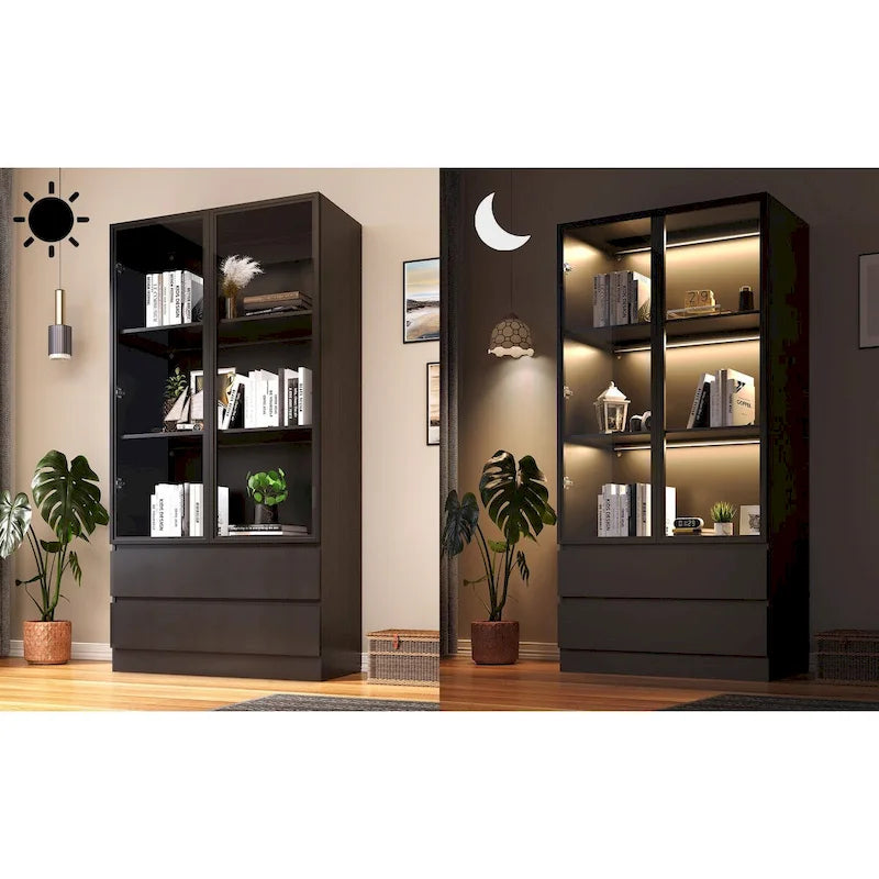 Display Storage Cabinet,Display Cabinet with Tempered Glass Doors, Showcase with 4-Tier Storage Shelves