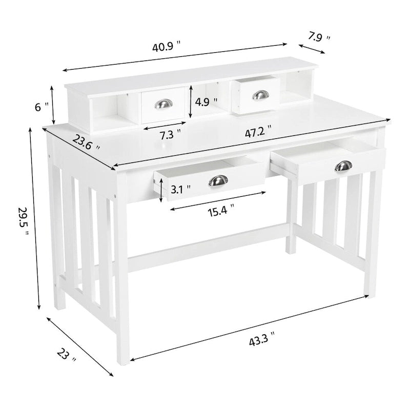 Writing Computer Desk with Removable Floating Organizer and 4 Drawers, Pine Wood Legs