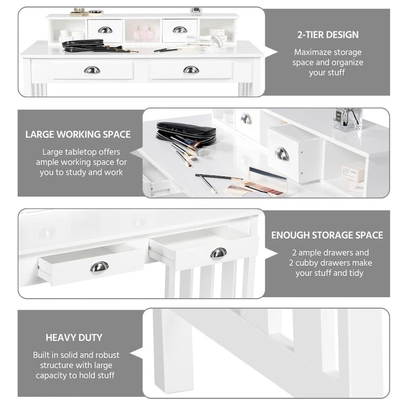 Writing Computer Desk with Removable Floating Organizer and 4 Drawers, Pine Wood Legs