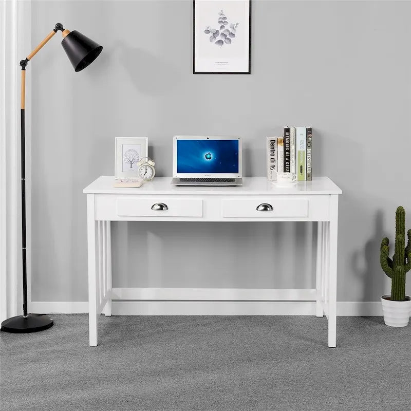 Writing Computer Desk with Removable Floating Organizer and 4 Drawers, Pine Wood Legs